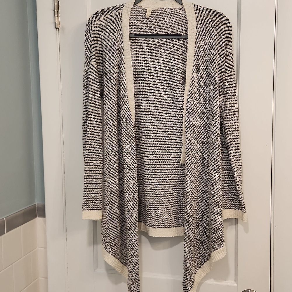 Eileen Fisher Xs Sweater Black and White Knit Cardigan Off White Cotton Open